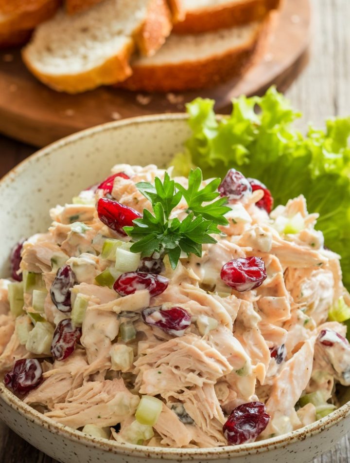 Chicken salad recipe with cranberries and walnuts.